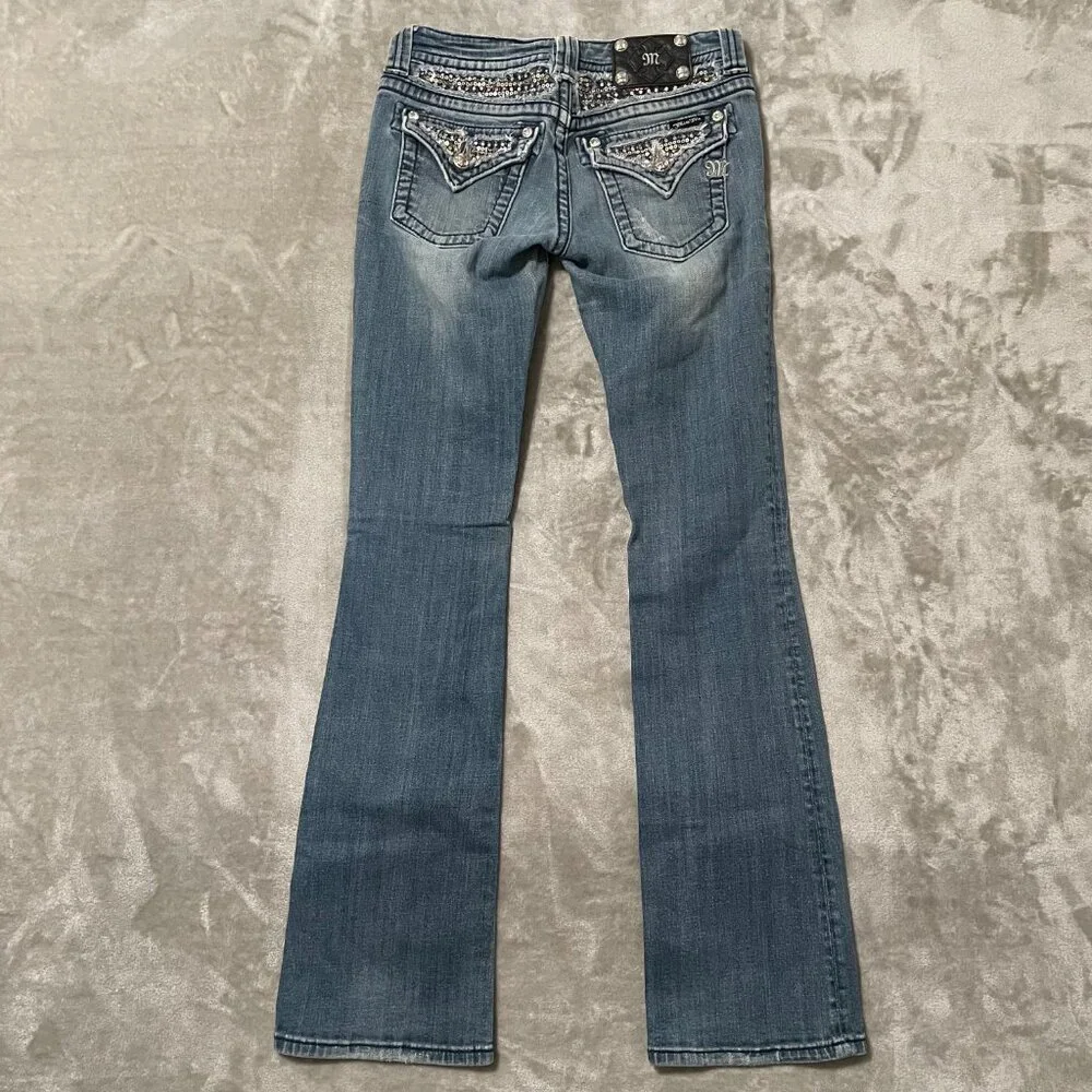Miss Me Boot Cut Jeans with Embellished Back Pockets - Light Blue Denim - Picture 3 of 14